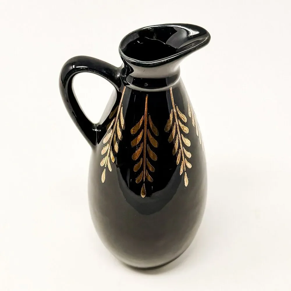 Vintage Black Pottery Pitcher 22K Gold Hand Decorated Cobbs Florida USA 6”